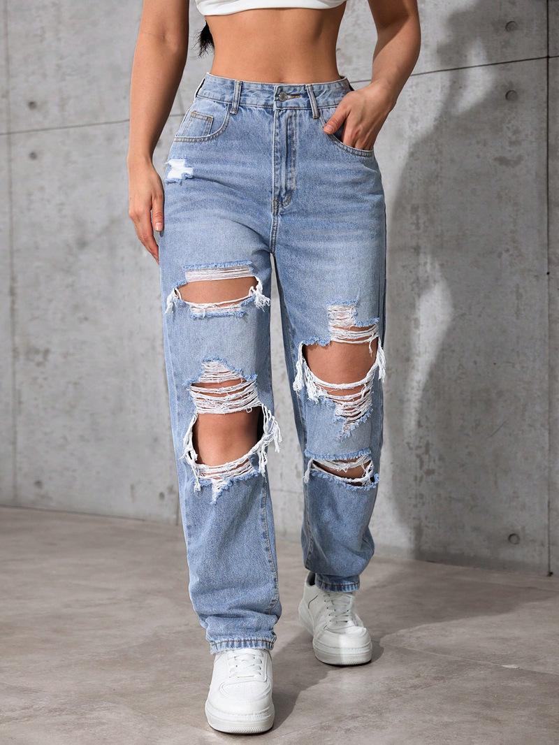 

Women s High-Waisted Ripped Jeans - European & American Street Style Wide-Leg Trends S