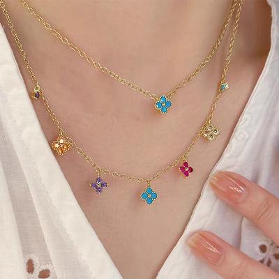 Vintage Dopamine Mode Klavertje Vier Ketting Frans Licht Luxe Stapelbare Sleutelbeenketting Kleurrijke Damesketting