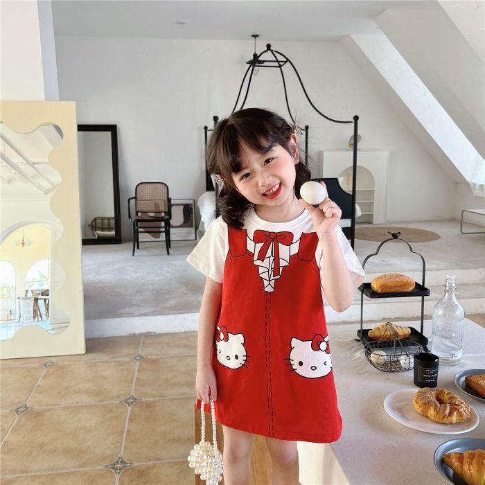 Girls Korean Cartoon Short Sleeve Midi T Shirt Dress for Summer 90