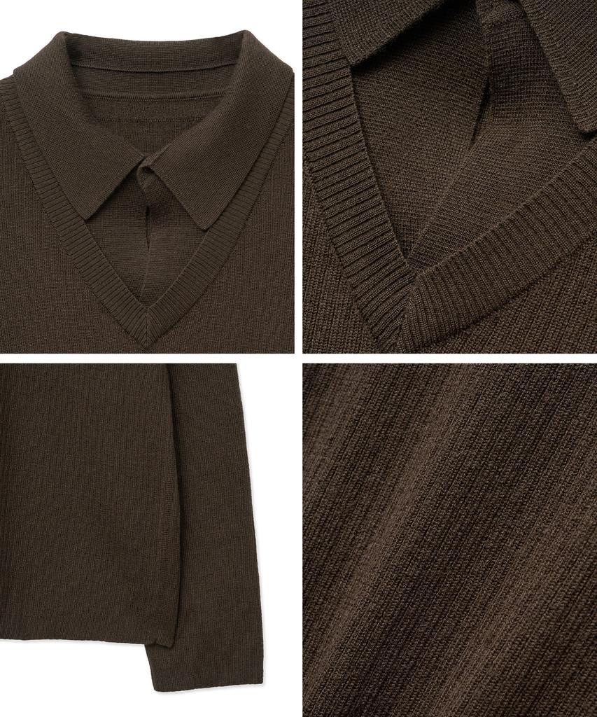 NOIRER Layered V-Neck Polo Knit (Deep Brown)