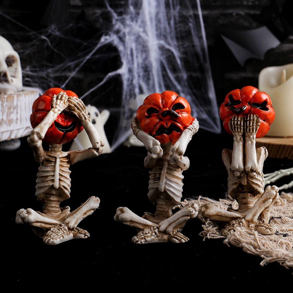 3Pcs/Set Durable Pumpkin Head Skull Doll Realistic Halloween Skeleton Figurines  Scene Props