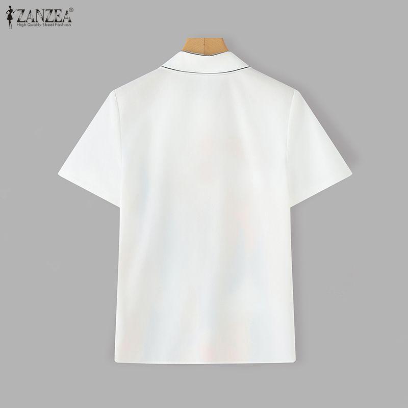 ZANZEA Women Casual Turn Down Collar Short Sleeve Loose Print Blouse