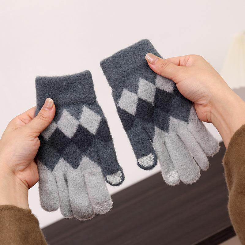 Internet-Berühmtheiten-Paar Winterwarme Handschuhe Rautenkaro Kontrastfarbe Jungen und Mädchen Koreanische Version Mode Strickhandschuhe