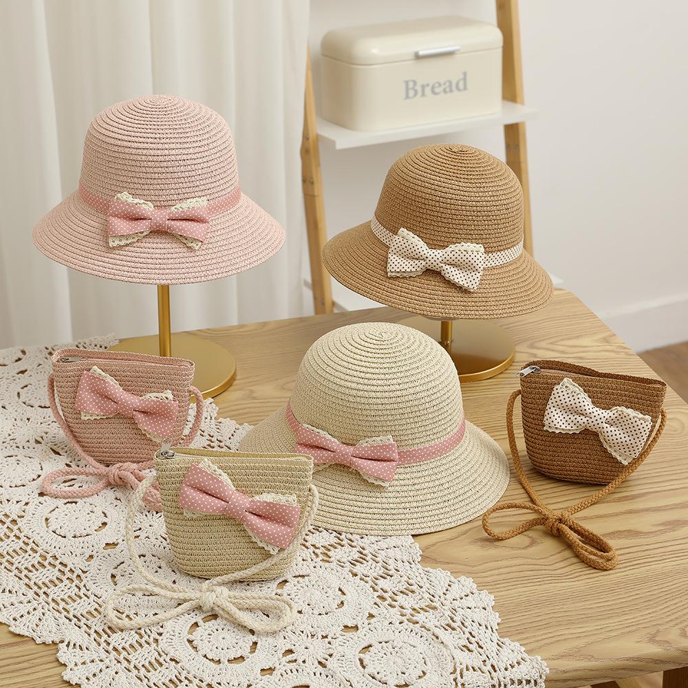 New Fashion Beach Hat Cute Outdoor Parent-child Hats 2-piece Womens Beach Set Sun Hat and Woven Bag Lightweight and Breathable