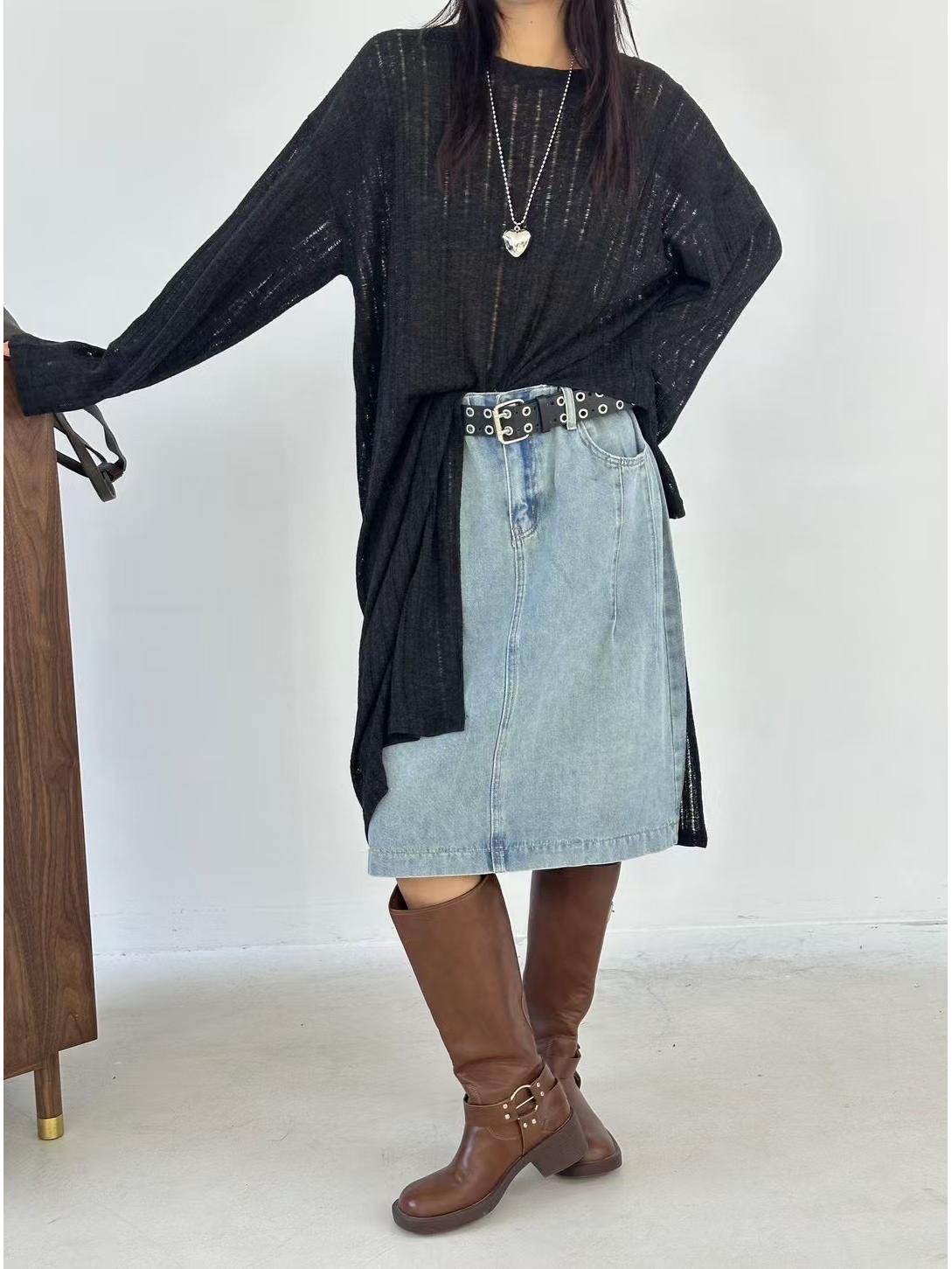 

Makuqie 5586: New Korean-Style Plus Size High-Waist Denim Midi Skirt Medium светло-синий