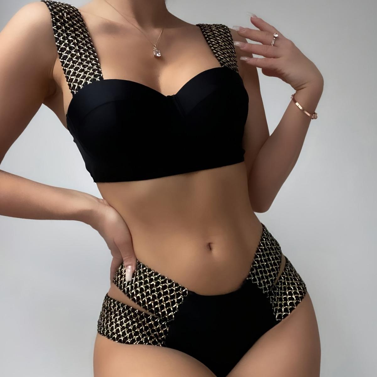 

Женский ретро нейлоновый купальник с высокой талией: Сексуальный треугольный дизайн с поддержкой груди. XL чёрный