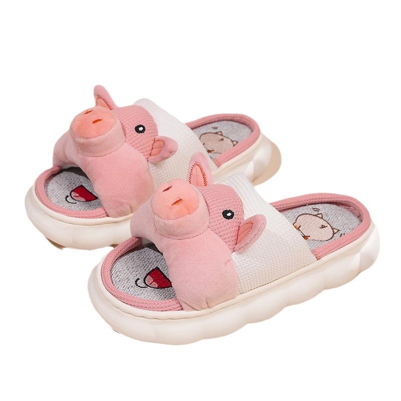 Pig cute linen slippers women's four seasons home indoor comfortable thick bottom spring and autumn cotton and linen sandals summer