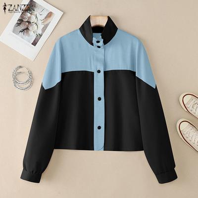 Women Casual Stand Collar Long Sleeve Patchwork Cardigan Blouse
