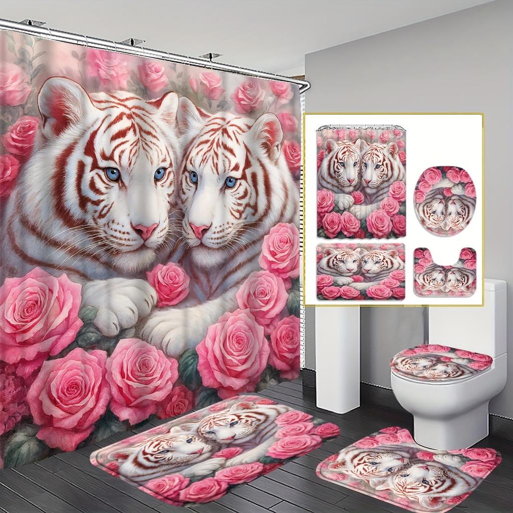 4Pcs White Tigers And Pink Shower Curtain Set with Non-Slip Bath Mat, Toilet Lid Cover, Contour Rug & 12 Hooks, Bathroom Decor