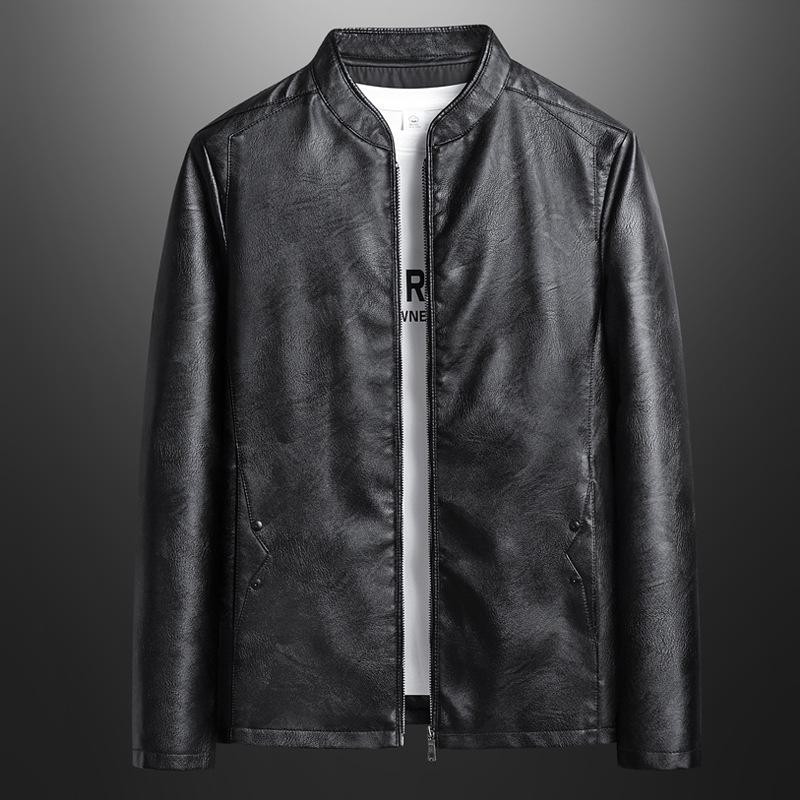 Herren Lokomotiv PU Lederjacke Frühling neu dünner Mantel einfarbig Stehkragen schmale, gutaussehende Jacke Herren Top Arbeiter