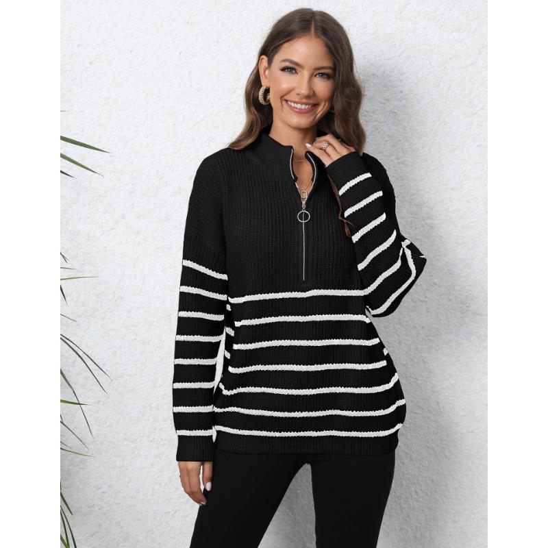 Women's Autumn/Winter Knitted Stripe Patchwork Half High Neck Zip Loose Woven Sweater