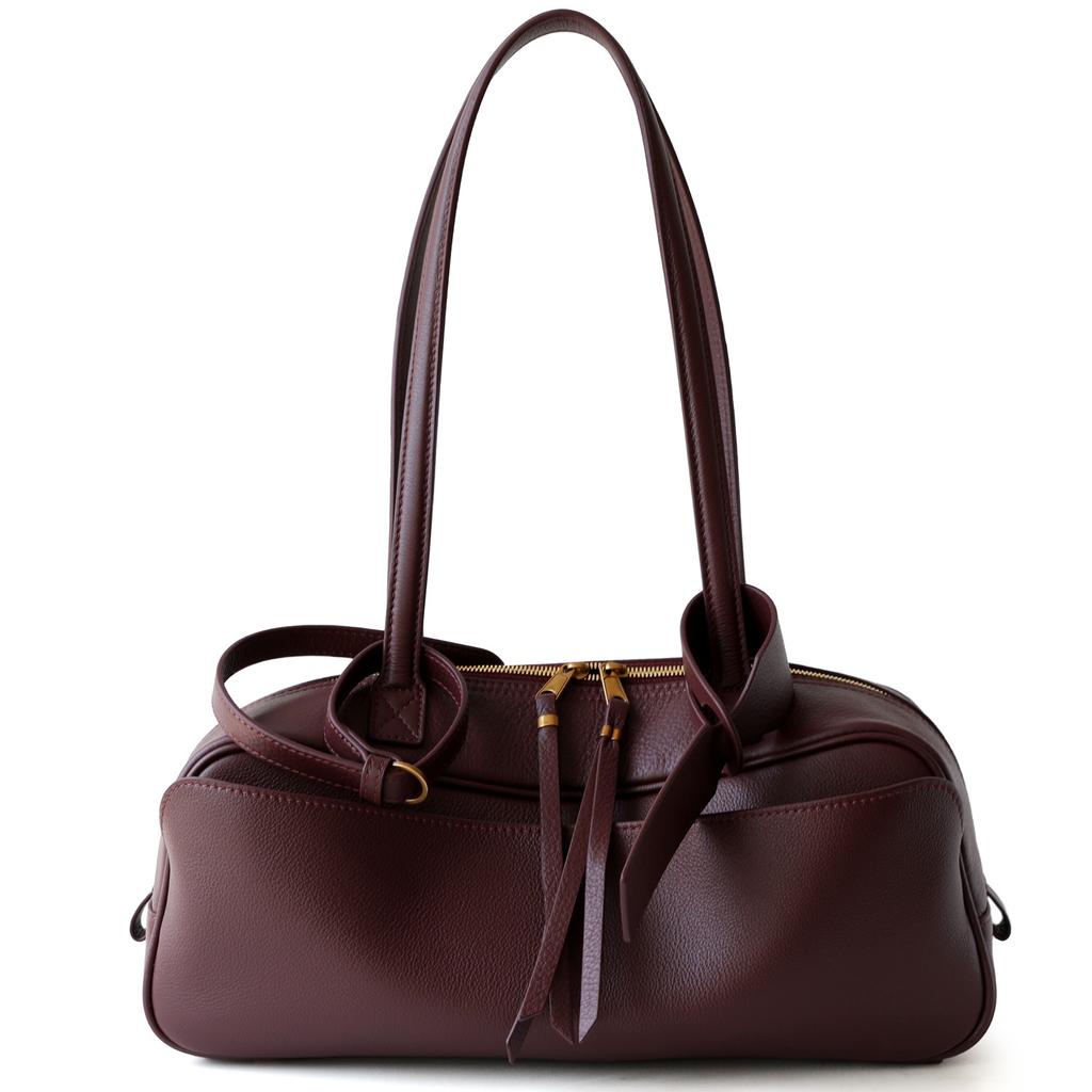 Genuine Cowhide Leather Women's Storage Handbag, Shoulderbag, Lightweight Commuting Bowling Bag, Cylindrical Pillow Bag