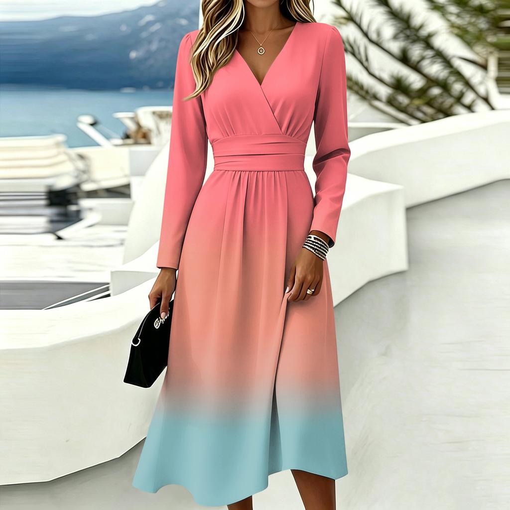 Women's Gradient Print Long Sleeve V-Neck Dress with Pockets Casual Fashionable