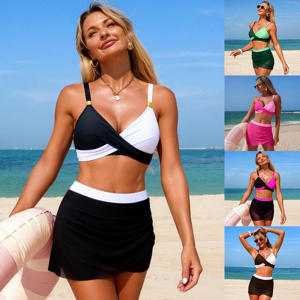 Women's Swimsuit, Patchwork Swimsuit, Deep V-neck, Two-piece Swimsuit, Mesh Skirt Sports Swimsuit