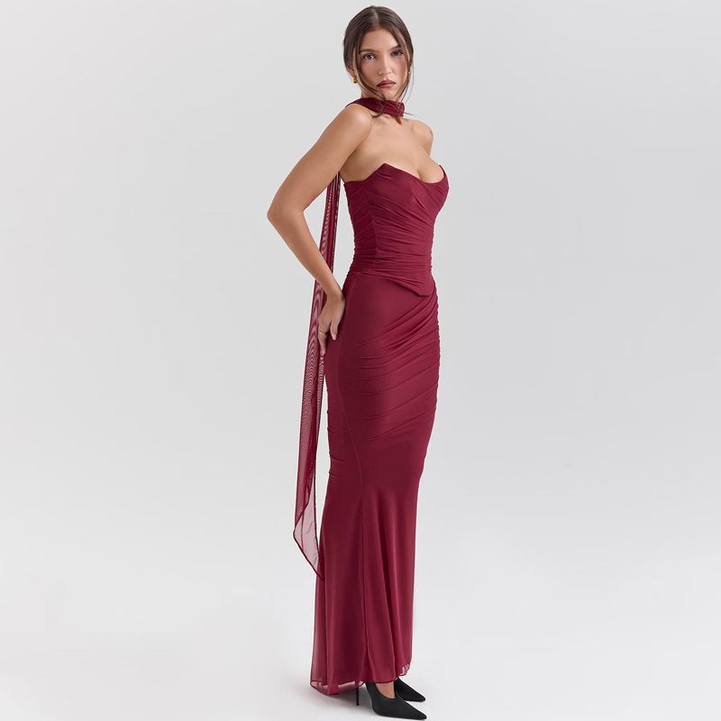 

Transitional Sexy European and American Tube Top Short Jacket High Waist Sheath Pencil Skirt Slim fit Two-piece Suit Women Mesh Belt Scarf Burgundy L