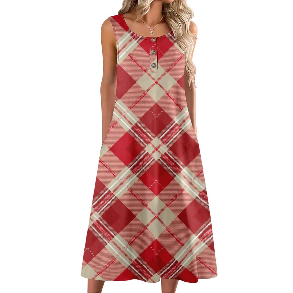 Women's Fashion Casual Sleeveless Button Plaid Print Dress with Pocket