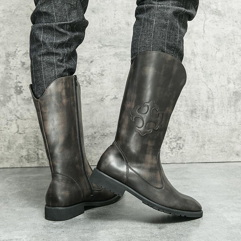 Høye menn, vestlige cowboystøvler, motorsykkel, fritidsstøvler, brune, punkstøvler i skinn Street Style, støvler i større størrelse