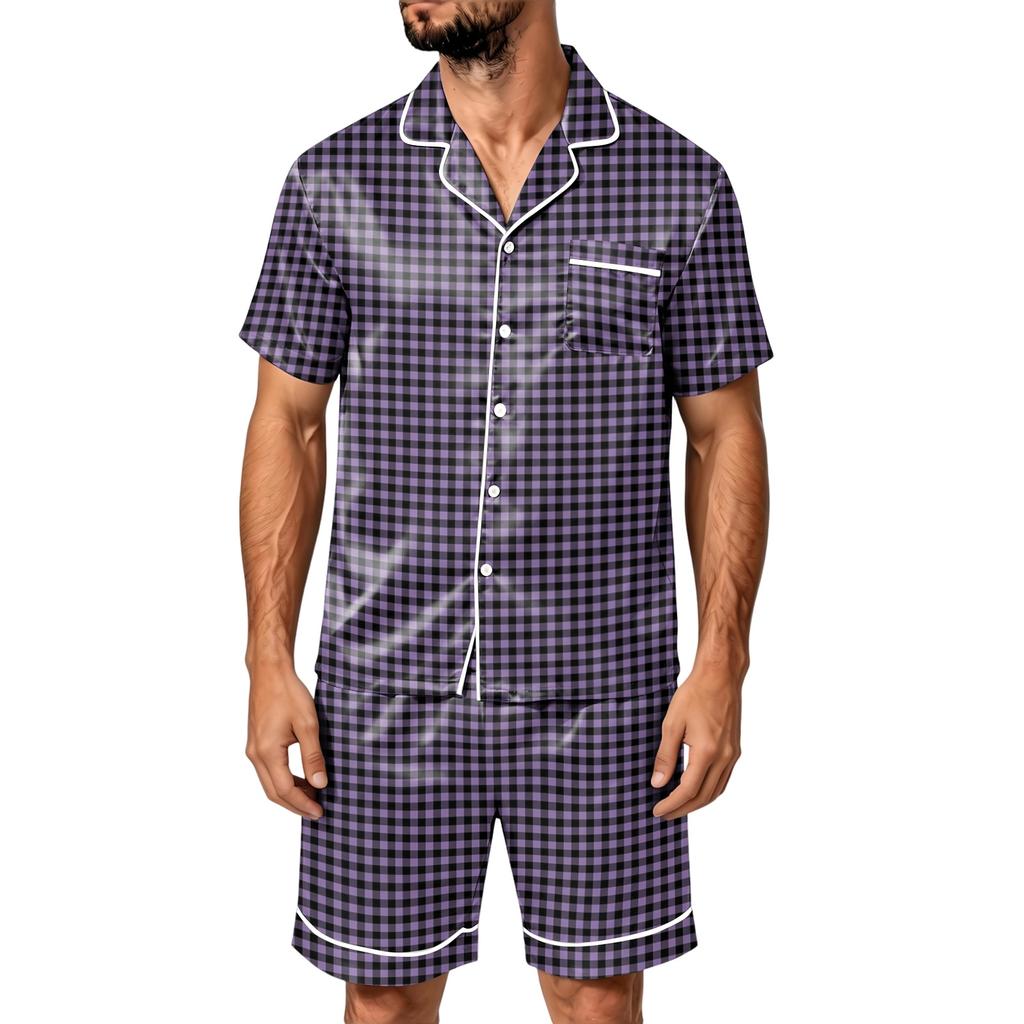 Men's Short Sleeve Pajama Set with Pockets - Soft Satin Stripe Plaid Print Two-Piece Outfit for Home and Casual Wear