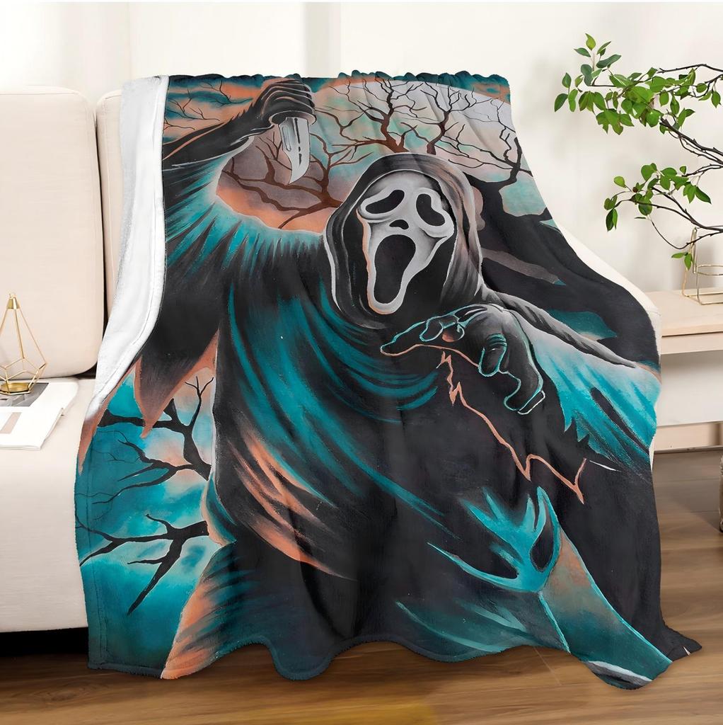1PC Halloween Arts Throw Blanket Horrible Mask Ghost Art Skull Thin Blanket Gifts for Couch Bed Car Home Camping All Season Use