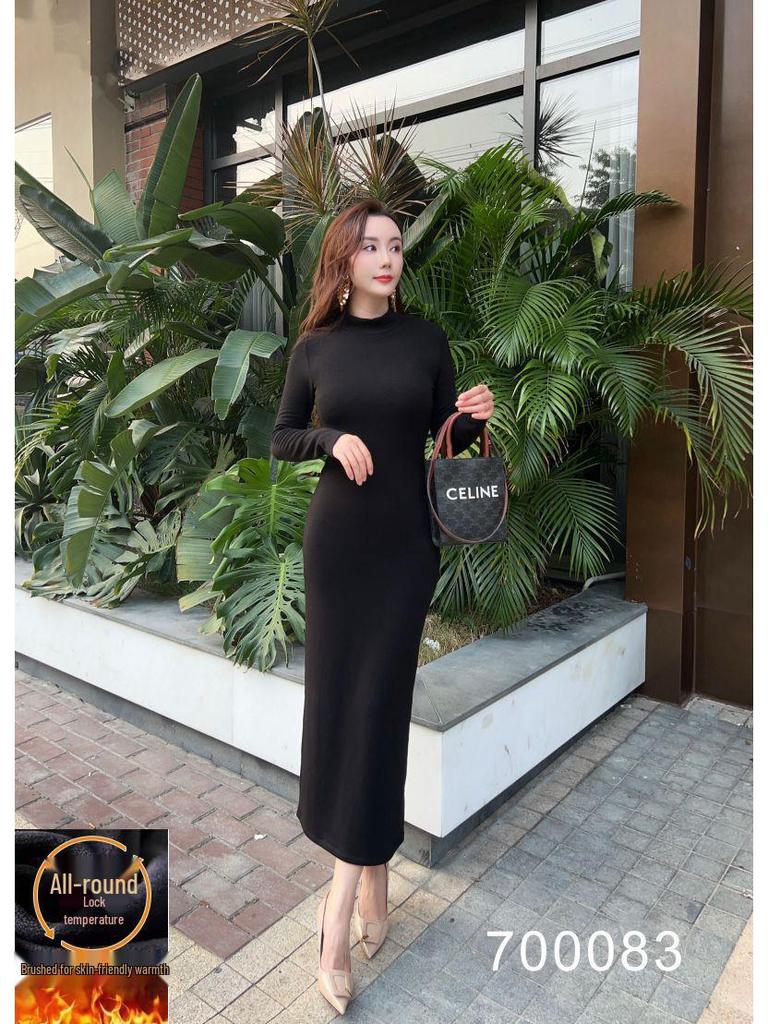 Elegant High-End Autumn Winter Dress: Warm, Semi-High Collar, Slimming Socialite Style