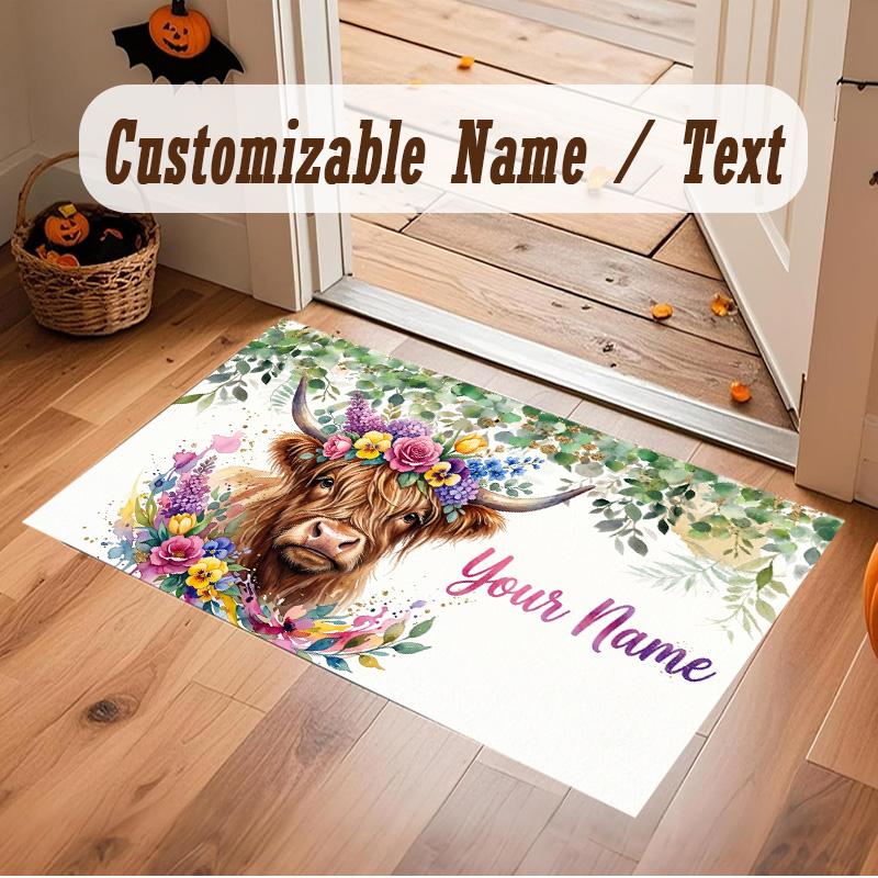 Highland Cow Theme Soft Crystal Velvet Rug Custom Name & Text Print Non Slip Floor Rug for Bedroom Living Room