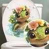 Cute Turtle with Hair Bow Toilet Stickers, Waterproof Self-Adhesive for Bathroom Decor, Sweet Marine Animal Decals