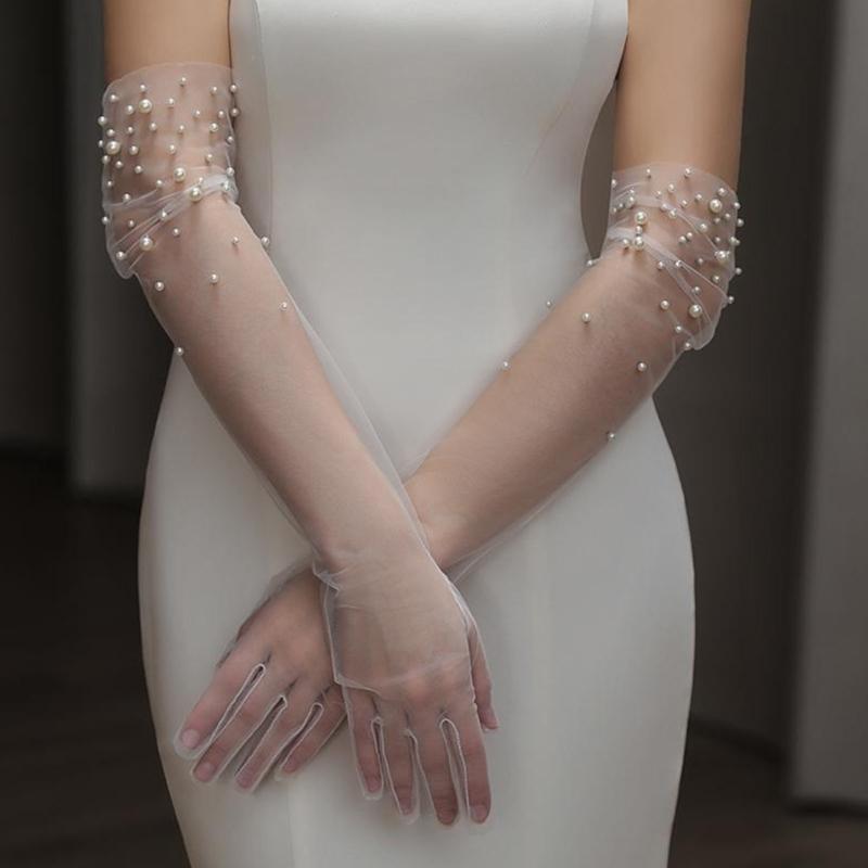 Breathable Sheer Mesh Tulle Wedding Gloves With Pearls Accents Comfortable for Bridal Ceremonies Wedding Accessories