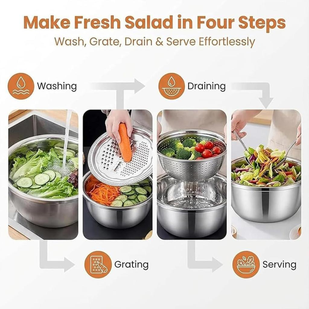 2026 New Germany Multifunctional Stainless Steel Basin, 3 in 1 Stainless Steel Basin and Grater Set, Colander Basin Mixing Bowl Set, Food Graters