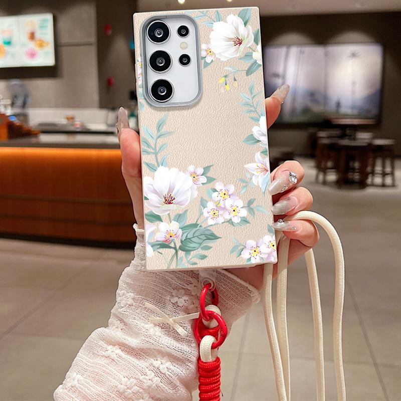For Samsung S25 Ultra S24 FE S23 S22 A16 A56 A36 A55 A26 A35 Case Flower Pattern Slim Shockproof Matte Leather Texture TPU Soft Lanyard Phone Cover
