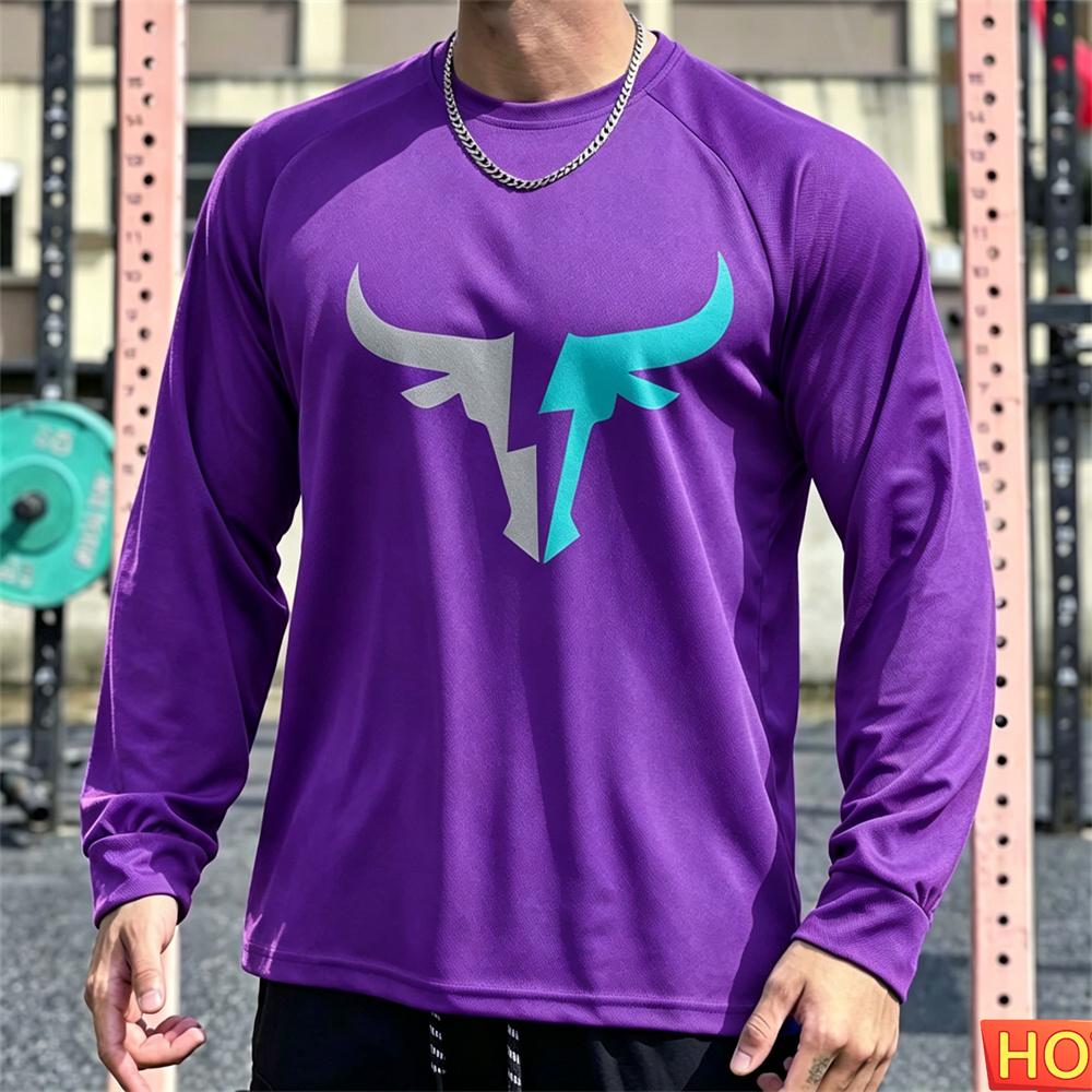 Autumn Men's Long sleeved T-shirt OX Head Men's Fitness T-shirt Polyester Elastic Sports T-shirt Breathable Graphic Gym T-shirt top