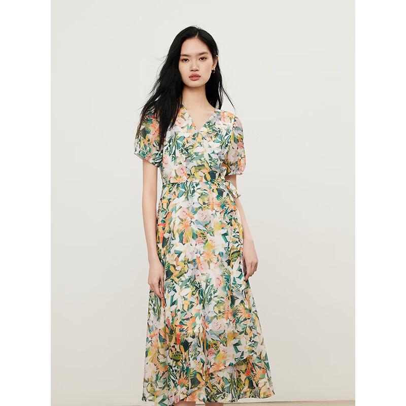 Gejin Summer Floral Print Mid-Length Short Sleeve Dress M