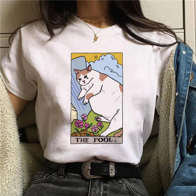 Magic In All Tarot Print T-Shirt Kawaii Magic Cat Printed Tshirt Astronomy Tee Shirt Top Aesthetic Women Hippie Bohemian Tshirt