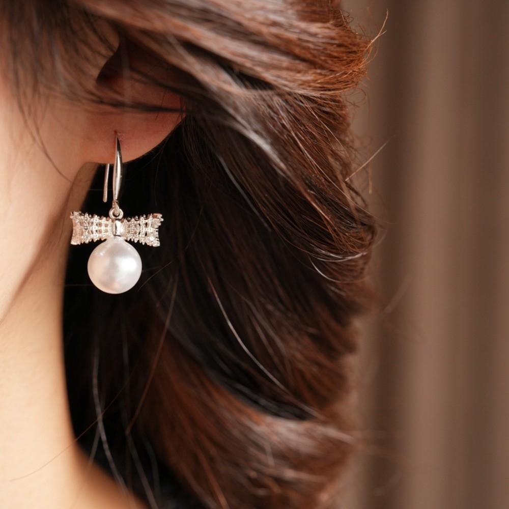 Wedding Bride Bow Pearl Long Earrings Simulation Freshwater Pearl Ear Hook Drop Earrings  Female