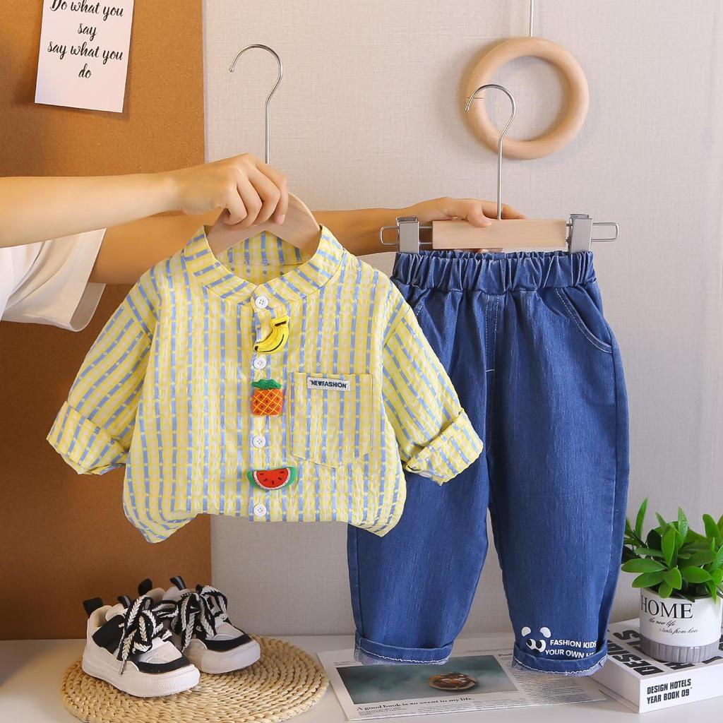 Boys' long sleeved 2-piece set, 0-5-year-old Children's fruit printed shirt, casual denim pants, High-quality children's clothing
