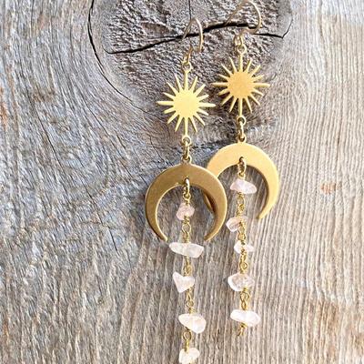 Sun Moon Irregular Synthetic Gems Tassel Design Dangle Earrings Elegant Style Alloy Jewelry Trendy Female Gift