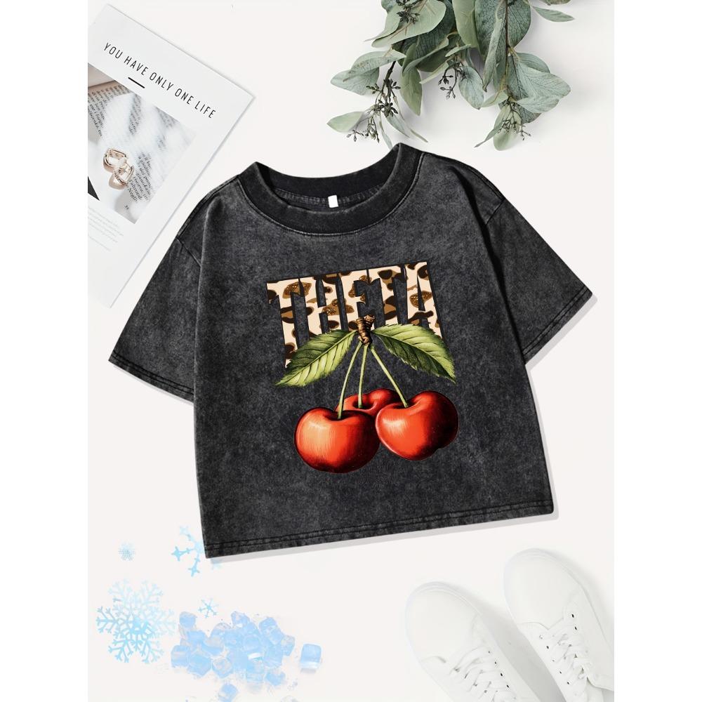 Summer Cotton Crop Tops Womens Fresh Cherries Prints Washed T-Shirts Regular Fit Streetwear Street Womans Clothes
