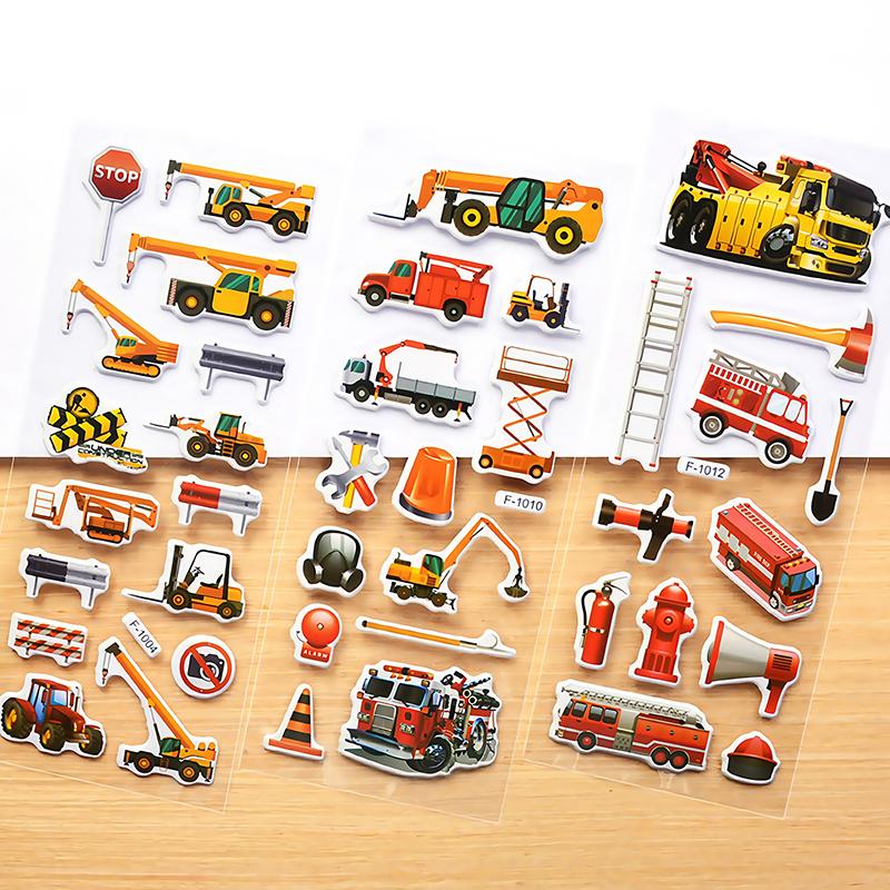 6/12pcs 3D Bubble Stickers Cartoon Engineering Vehicle Various Styles Reusable Children Sticker Toys Birthday Gift for Boys TMZ