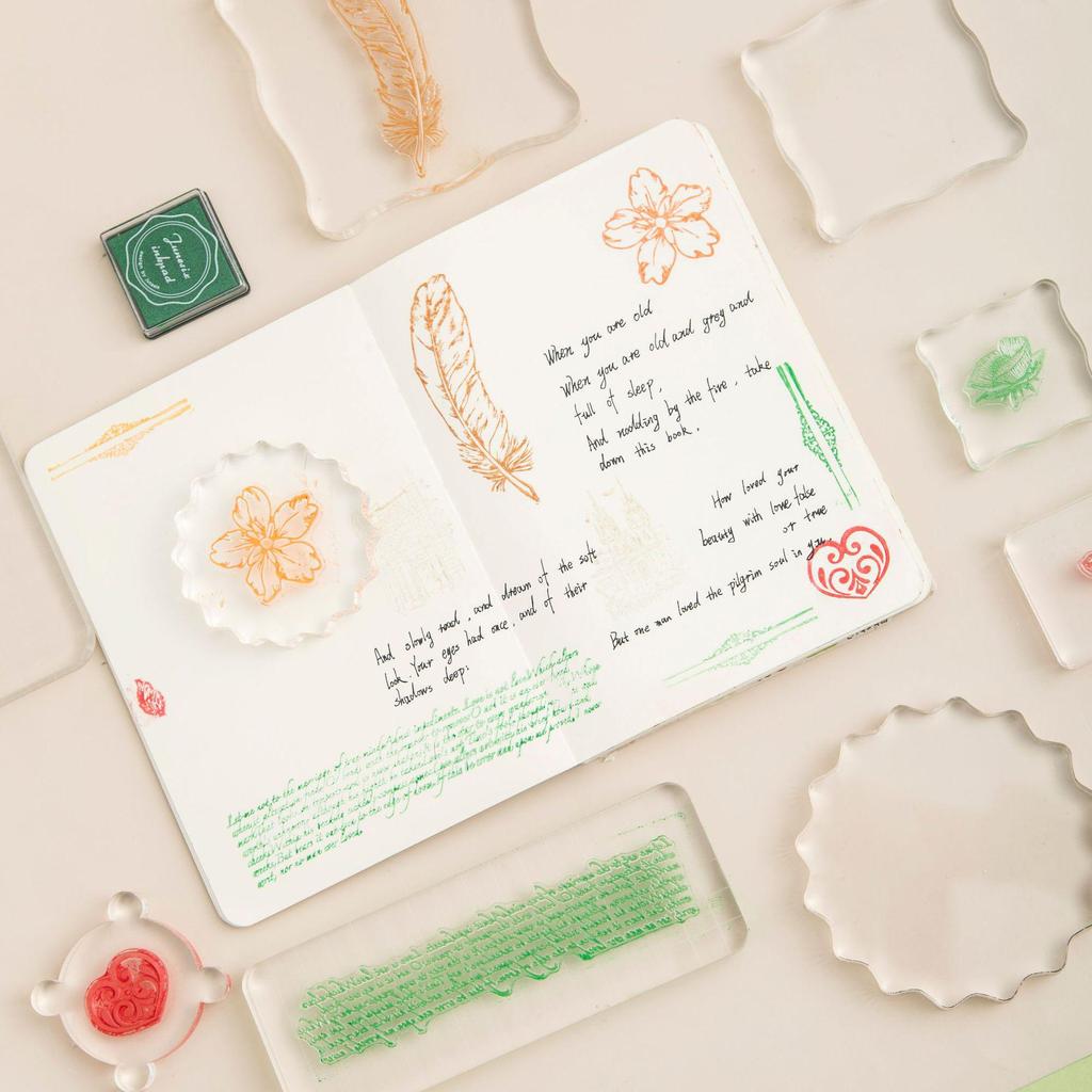 Clear Acrylic Stamp Handle and Palette for Journaling with Student Stickers and Stamps.