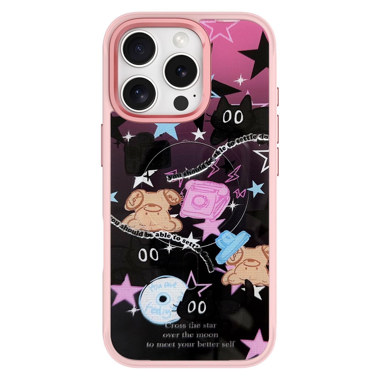 

For iPhone 16 Pro Max Magnetic Case TPU PC Phone Cover with Detachable Brown Bear Slide Backplate Pink