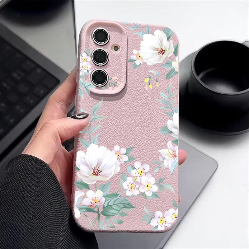 

Простой цветочный узор противоударный мягкий чехол для Samsung S25 Ultra S24 FE S23 S22 A56 A16 A36 A15 A55 A35 A54 кожаная текстура TPU матовый тонкий чехол для телефона Samsung S25 Ultra розовый