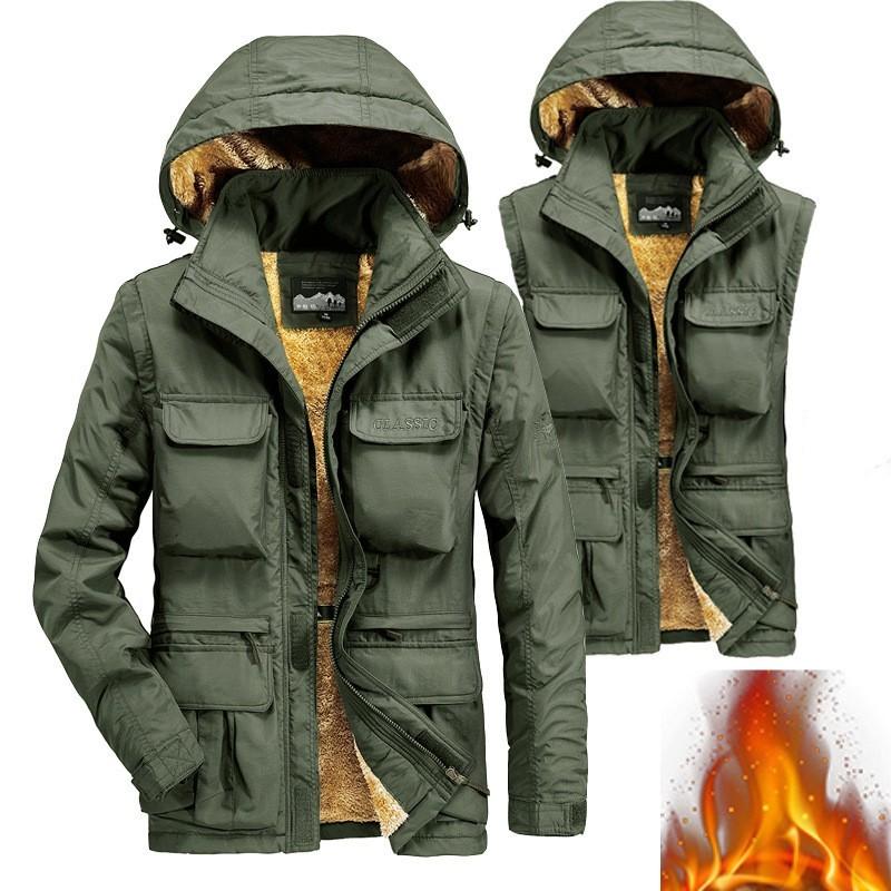 Men's Detachable Windproof Sleeved Hooded Padded Jacket Suitable for Winter Outdoor Activities Casual Waterproof Multi Pocket Jacket Vest