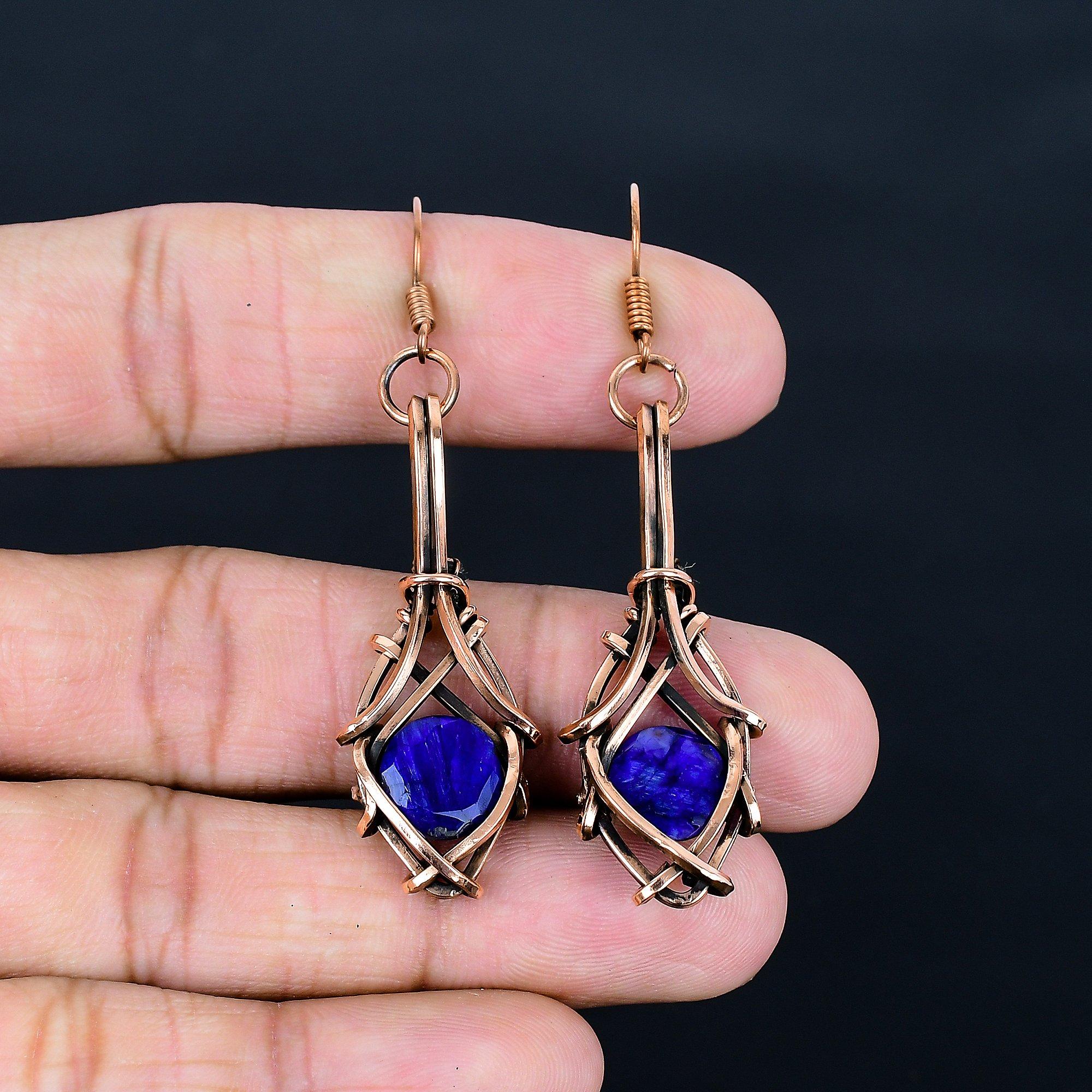 

Серьги с синими сапфирами, Серьги с драгоценными камнями ручной работы, Серьги, обернутые медной проволокой 999 пробы, Антикварные украшения, Для подарка на помолвку 2.55 Inches