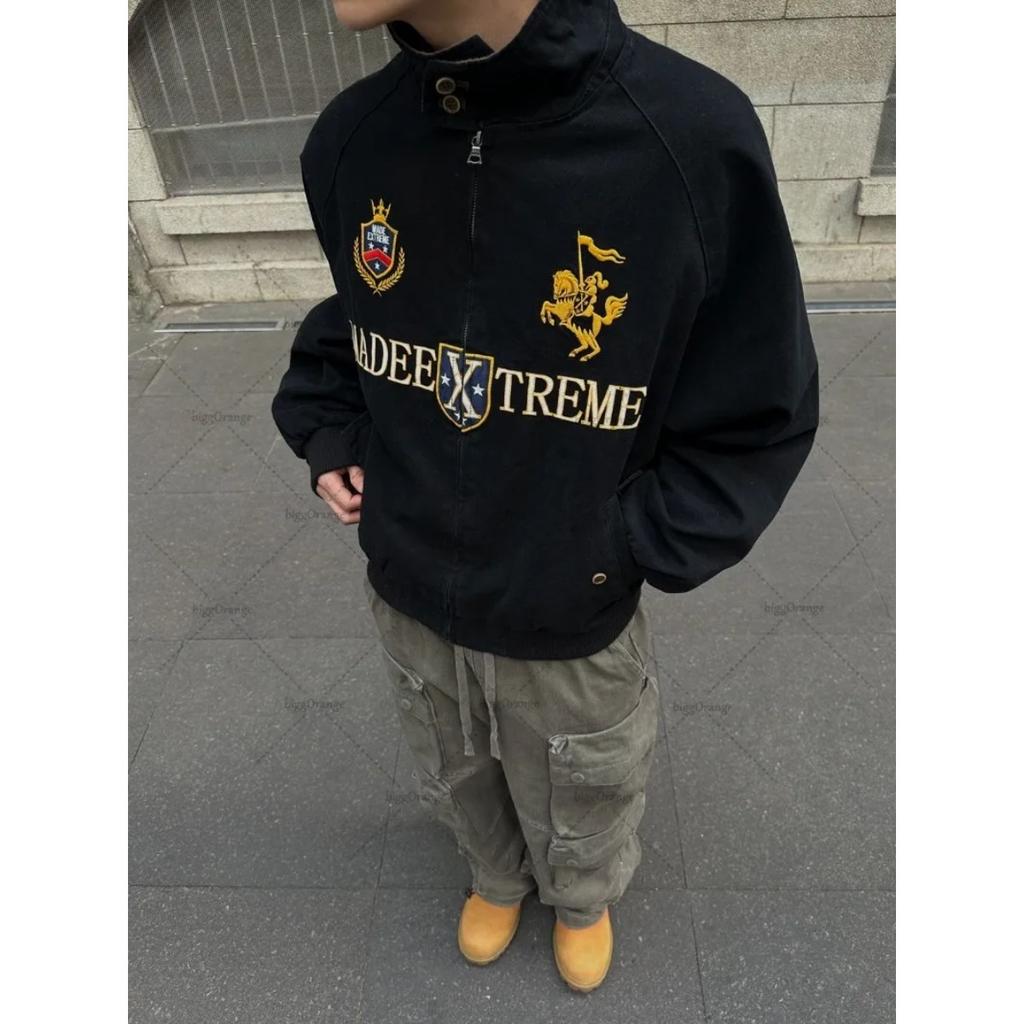 RogueWave American Retro Vintage Embroidered Trendy Zipper Jacket Men Hip Hop Lapel Bomber Jacket Y2K Streetwear Loose Casual Coats