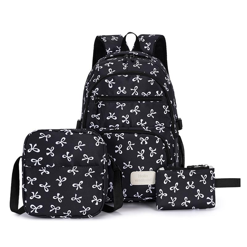 Set de Mochila de Nylon de 3 Piezas Linda Mochila Escolar con Estampado de Lazo para Niñas Mochila Grande con Bolso de Hombro Estuche para Lápices