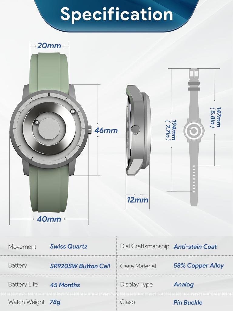 EUTOUR Magnetic Watch Men's Cool Simple Casual Quartz Watch Magnetic Ball Design 5ATM Waterproof 40MM Dial Rubber Band Green