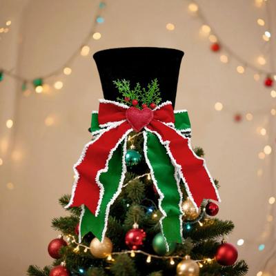 Christmas Tree Topper Whimsical Bow Hat Decoration Check Bows Xmas Ornament Winter Holidays Home Decor Fits Most Trees Festive Gift