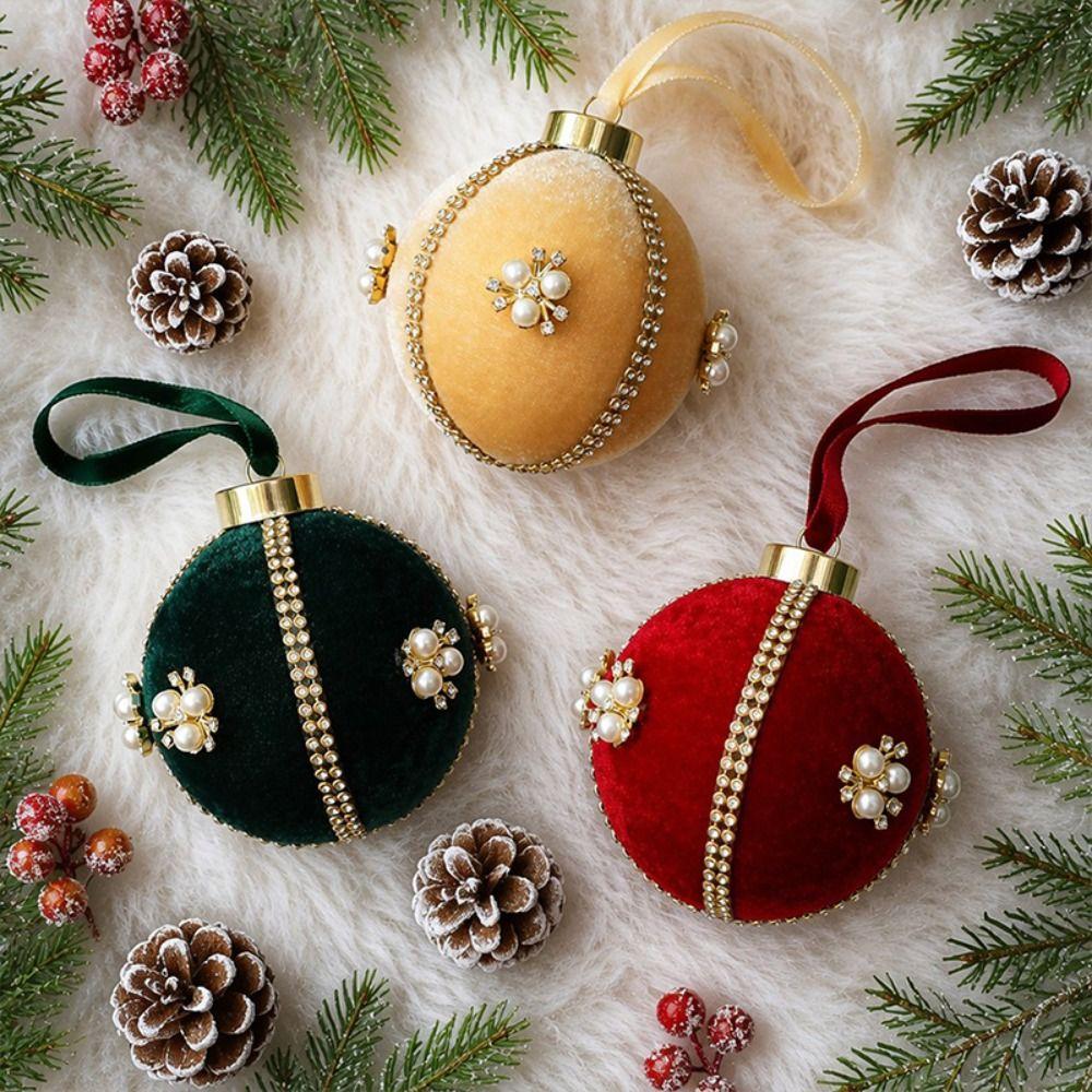 Velvet Finish Christmas Ball Ornament Rhinestone Trim Hanging Ball Ornament  Festive Decorations