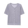 Women's Grey Openwork Knit Short Sleeve CardiganComfortable Round Neck Button Down Summer Top