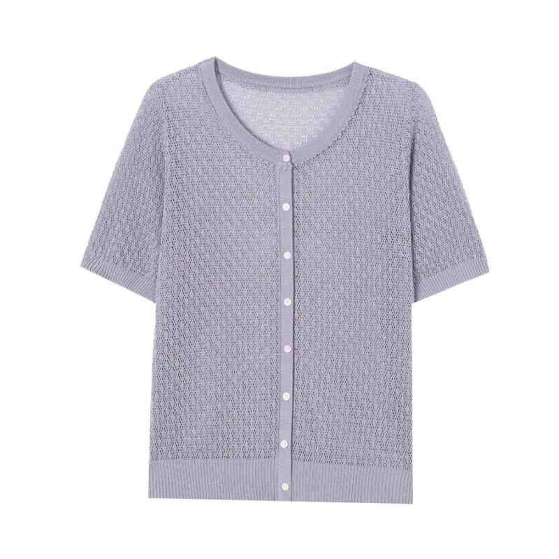 Women's Grey Openwork Knit Short Sleeve CardiganComfortable Round Neck Button Down Summer Top