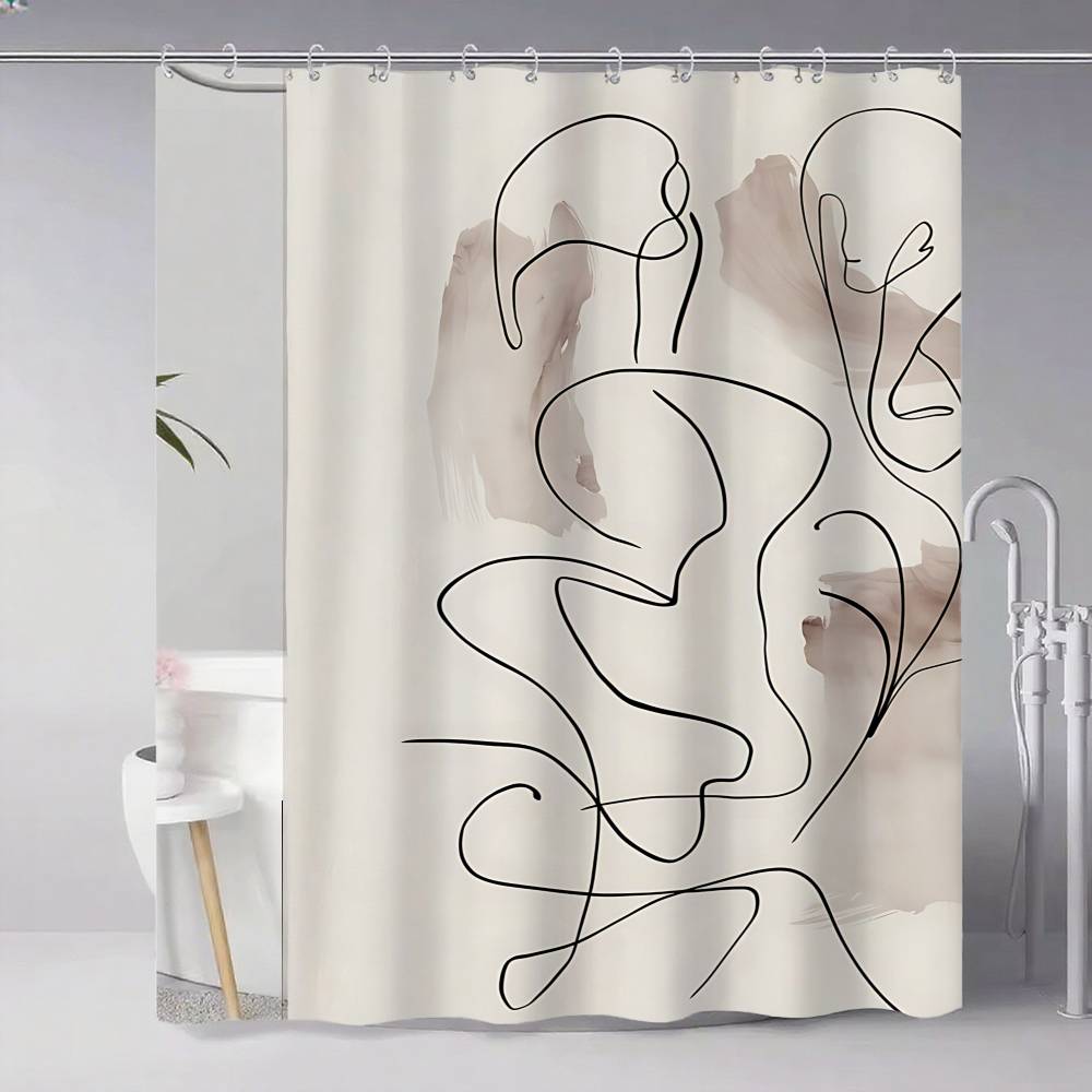 Contemporary Abstract Line Drawing Art Bathroom Curtain Classic Fabric Shower Curtain With 12 Hooks Waterproof Bathroom Decor